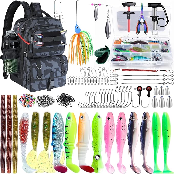 Fishing Backpack with Tackle Boxes,Fishing Sling Tackle Bag with Rod Holder Waterproof Fishing Bag with Fishing Gear, Fishing Gifts for Men Women Gear Combo Kit,Camouflage Black