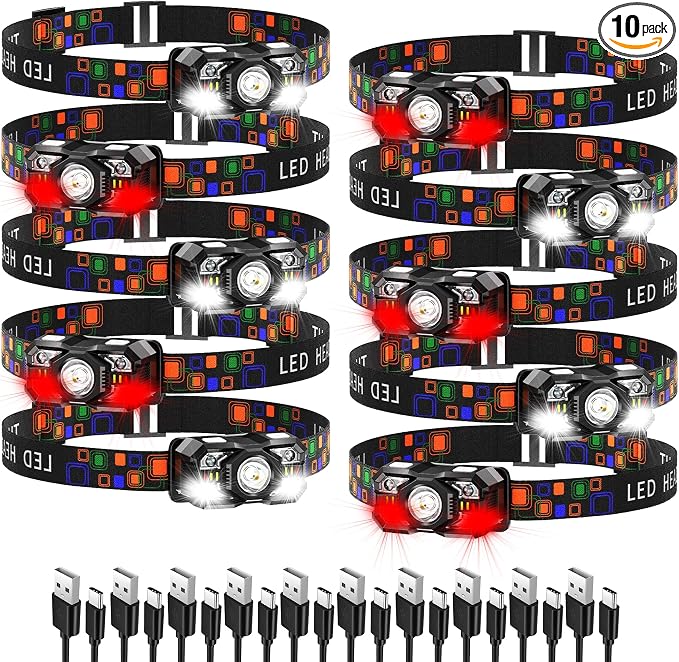 KunHe 10 Pack led Rechargeable Headlamp Flashlight Headlight Motion Sensor 10 Mode for Outdoor Camping Gear Hiking Fishing Running Cycling Headlight Emergency Lights for Home