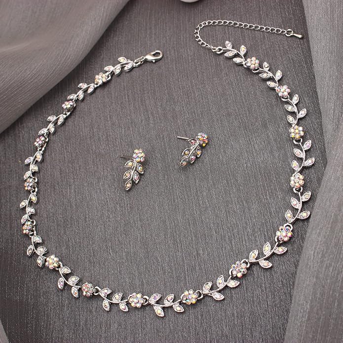Austrian Crystal Rhinestone Choker Necklace Dangle Earring Link Bracelet Jewelry Set for Brides Bridesmaid Prom Costume Accessories for Women