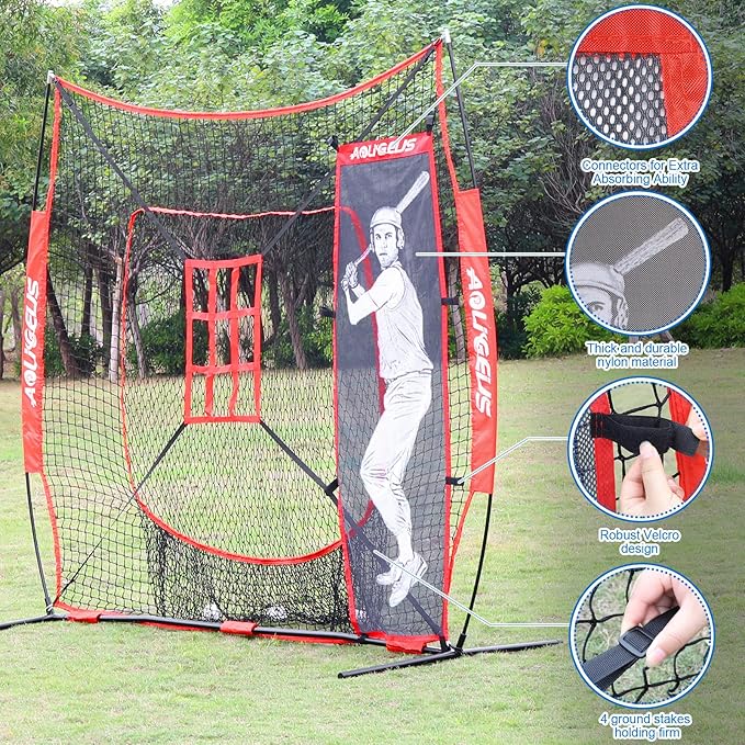 7'X7' Baseball Softball Practice Net,Pitching Net,Batting Net,with Baseball Tee,Bonus Strike Zone and Bow Frame,for Hitting,Pitching, Catching