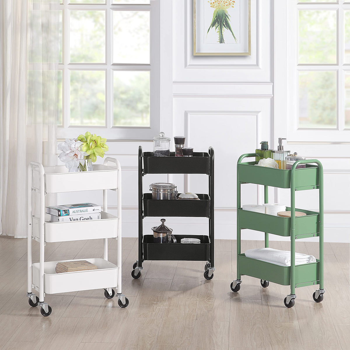 SunnyPoint 3-Tier Delicate Compact Rolling Metal Storage Organizer - Mobile Utility Cart Kitchen/Under Desk Cart with Caster Wheels - WHT (15.35" X 10.24" X 26.8"H)
