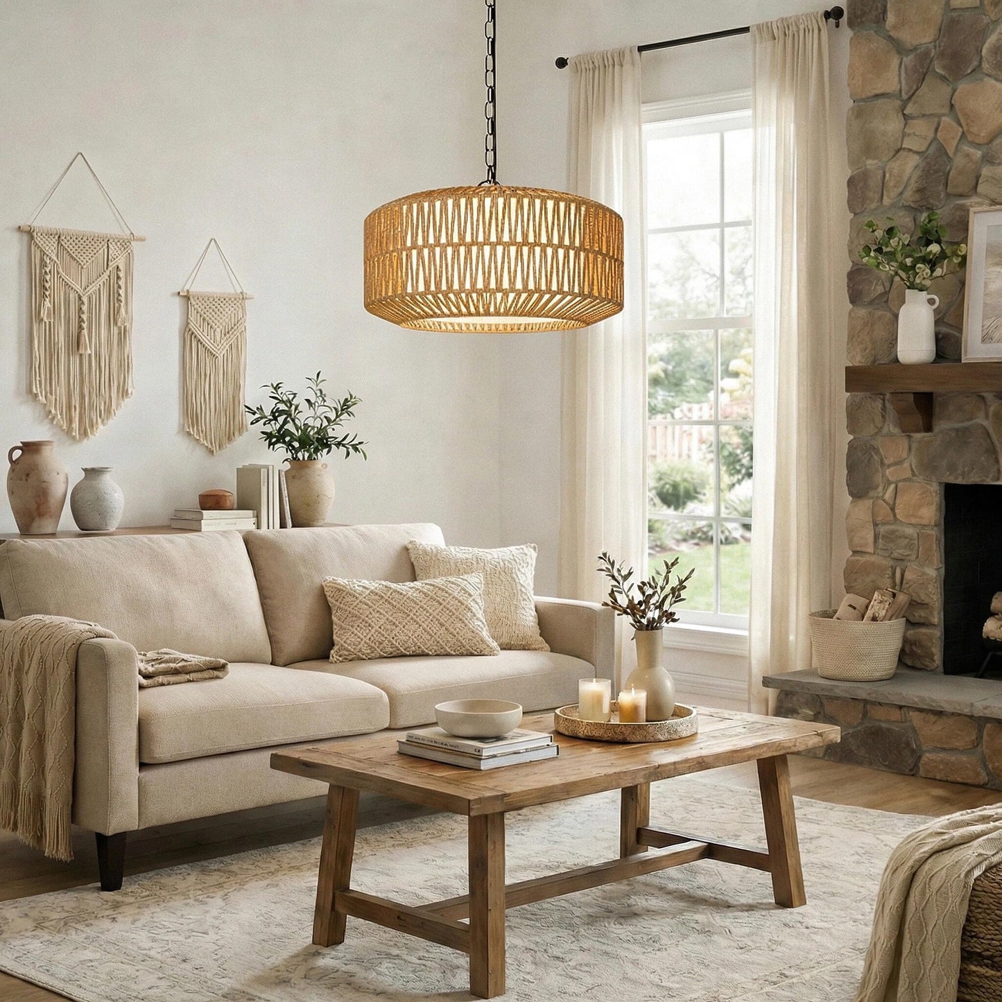 Farmhouse Chandelier Light Fixture, 5-Light Rattan Boho Chandeliers for Dining Room, Hand Woven Pendant Light with Linen Shade, Rustic Hanging Lighting for Kitchen Island, Bedroom (Bulb Not Included)
