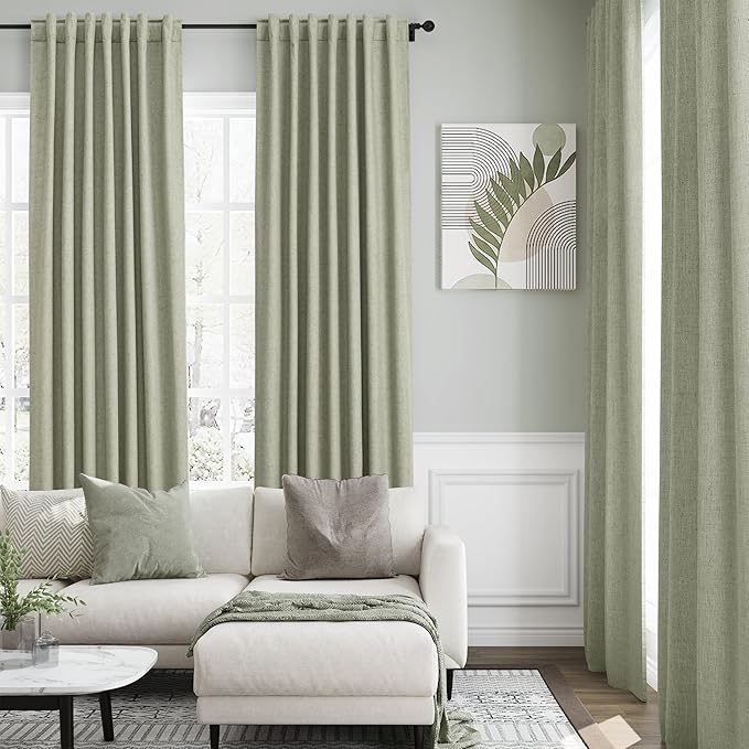 Nanspring Sage Green Linen 100% Blackout Curtains 105 inch Length Back Tab Rod Pocket Drapes Thermal Insulated Textured Living Room Black Out Curtains 2 Panels Set 52x105