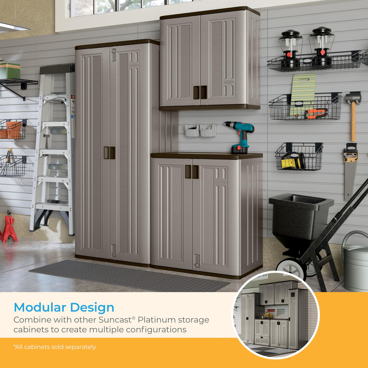 Suncast Tall Storage Cabinet, Platinum Resin Outdoor & Garage Storage Cabinet with Doors & Shelves, Plastic, Weather-Resistant, Lockable, Freestanding Utility Closet for Tools & Supplies, Made in USA