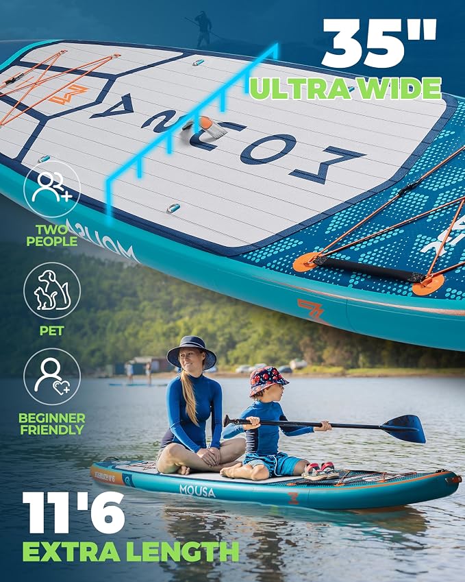 MOUSA 11'6“x35 Extra Wide Inflatable Stand Up Paddle Board, Stable Long SUP for 2 People/Family, Shoulder Strap, 3/5 Handles, 100L Backpack, All-Round Sup Board, Removeable Fin