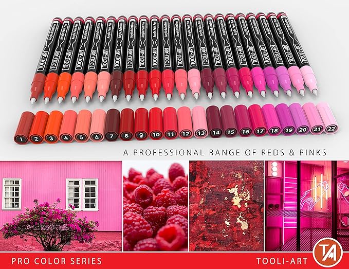 Acrylic Paint Pens 22 Red & Pink Tones Assorted Pro Color Series Markers Set 0.7mm Extra Fine Tip for Rock Painting, Glass, Mugs, Wood, Metal, Canvas, Projects, Non Toxic, Waterbased, Quick Drying