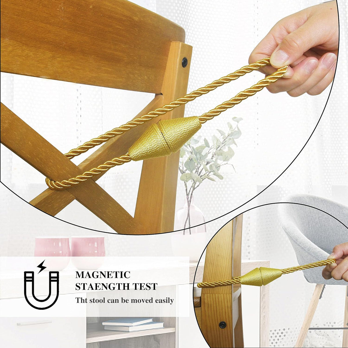 4 Pack Magnetic Curtain Tiebacks Rope Modern Handmade Curtain Tie Backs Decorative Drapes Weave Holdbacks for Window Décor, Gold