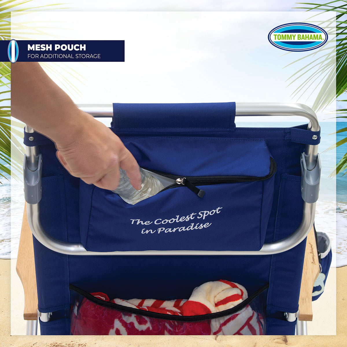 Tommy Bahama 5-Position Classic Lay Flat Folding Backpack Beach Chair, Polyester, Navy