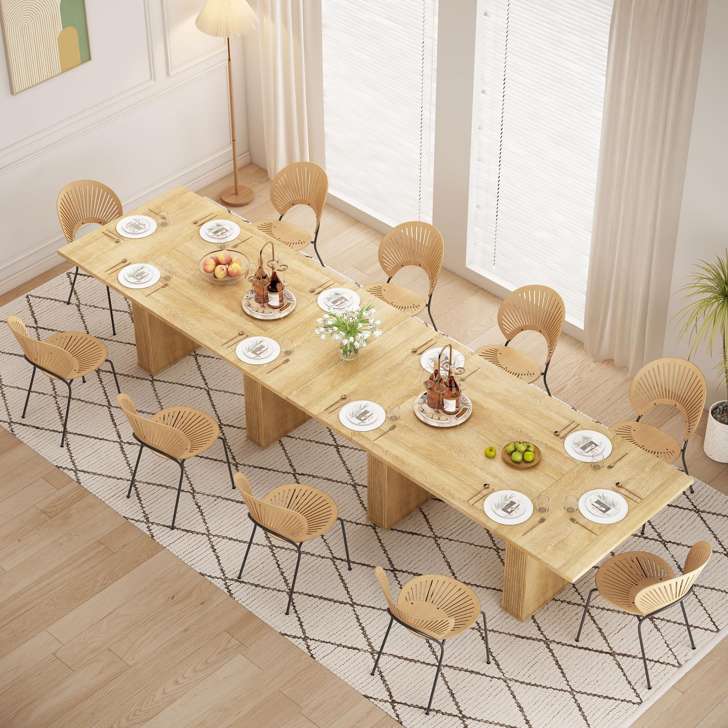 QHITTY 78 Inch Fluted Dining Table, Wood KitchenTable for 6 to 10, Farmhouse Long Rectangle Table with Strip Base for Dining Room, Kitchen Natural