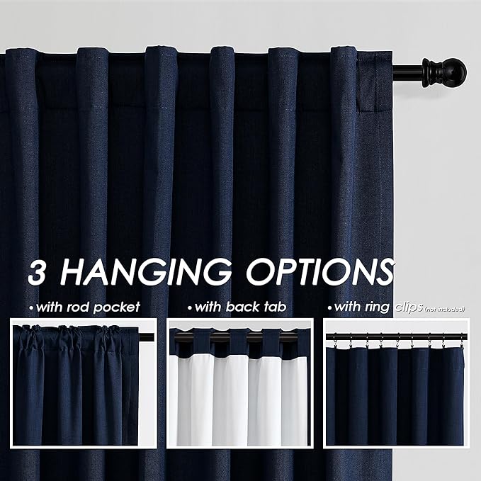 Navy Blue Linen Blackout Curtains 120 Inch Length 2 Panels Set Extra Long 10 Ft Back Tab Pocket Drapes Cotton Textured Thermal Insulated Total Blocking Curtain for Dining Room Cottage High Window