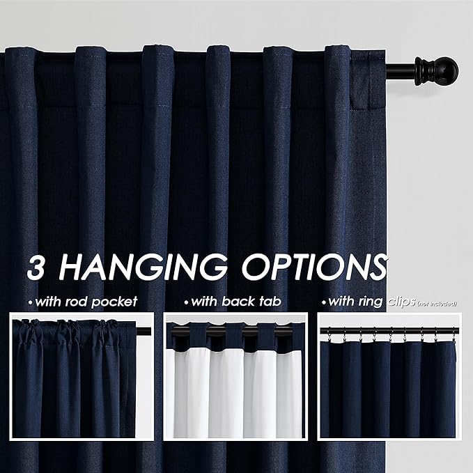 Navy Blue Linen Blackout Curtains 144 inch Length Back Tab Rod Pocket Thermal Insulated Textured Living Room Blackout Curtains 2 Panels Set 52x144