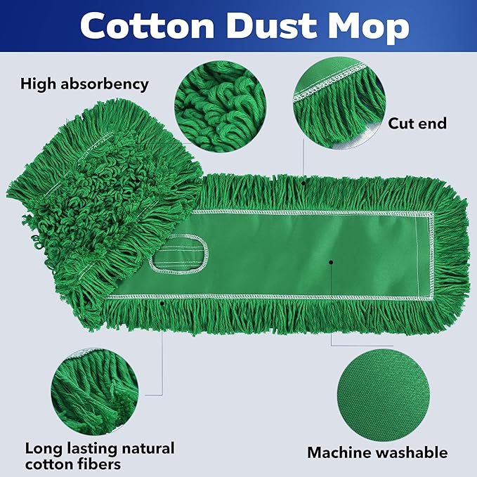 Matthew Cleaning 36'' Industrial Strength Cotton Dust Mop Refill Washable Replacement Heads for Residential & Commercial Use Fit Standard Dust Mop Frames, Hardwood, Concrete Floors Green 12 Pack