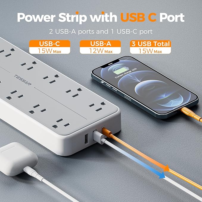 Surge Protector Power Strip, TESSAN Extension Cord with Multiple Outlets, 12 AC Outlets, 3 USB Ports(1 USB C), Flat Wall Plug, 5 Ft, 1700 Joules Protection for Home Office Dorm Room Essentials