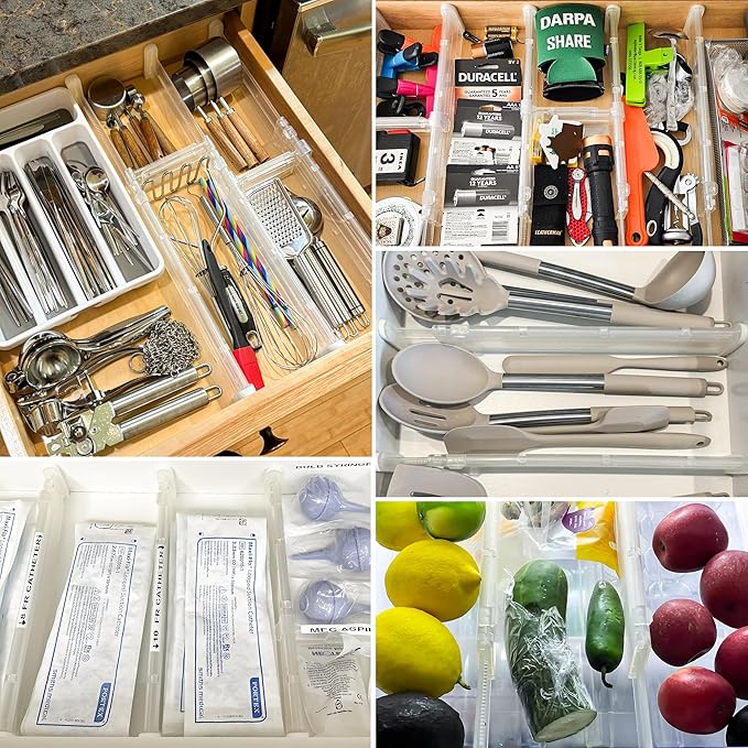 HiYZ Expandable Drawer Dividers - 12.6-22.8'' Adjustable Drawers Organizers for Kitchen Utensils, Drawer Separators in Bedroom, Dresser, Office, Bathroom, Fridge, 12 Pack Long Dividers-Clear