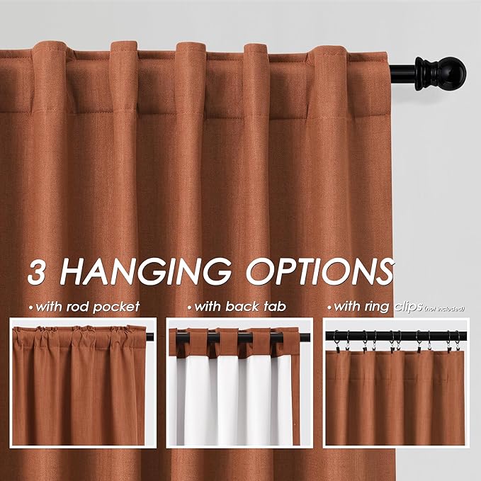 Nanspring Terracotta Linen 100% Blackout Curtains 80 inch Length Back Tab Rod Pocket Drapes Thermal Insulated Textured Bedroom Black Out Curtains 2 Panels Set 52x80