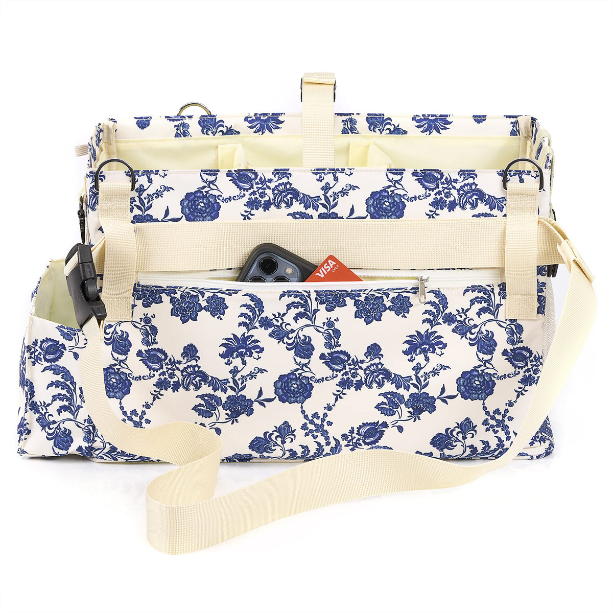 FifthStart Multiuse Large Blue Floral Diaper Caddy with Waist, Shoulder Strap, 9 Pockets, Mesh Base, and Adjustable Compartments