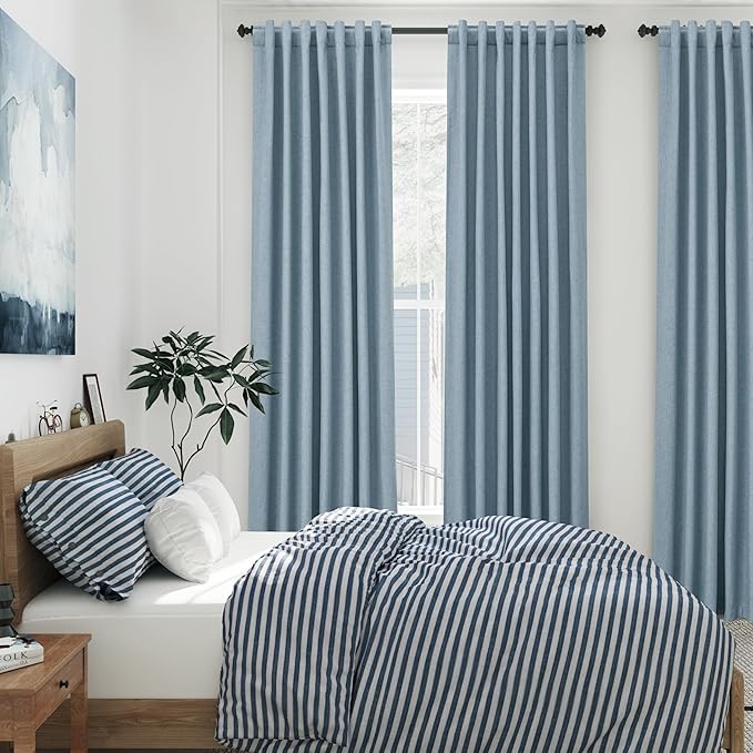 Nanspring Blue Linen 100% Blackout Curtains 95 inch Length Back Tab Rod Pocket Drapes Thermal Insulated Textured Living Room Black Out Curtains 2 Panels Set 52x95