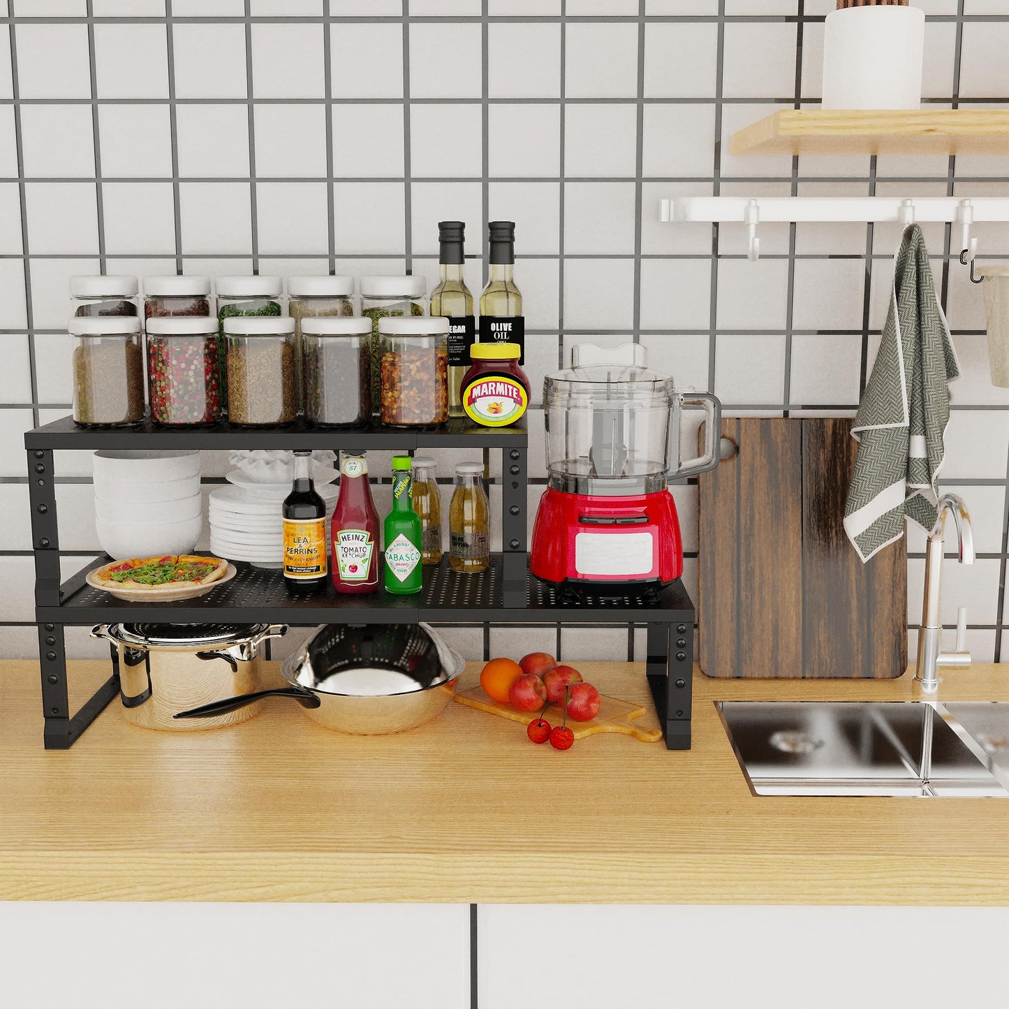 Jojocross Expandable Adjustable Stackable Kitchen Organizer, Spice Rack,Metal Pantry Storage Shelves Racks,Counter Shelf for Cabinets, Countertop, Cupboard(1 Pack/Large/Black)