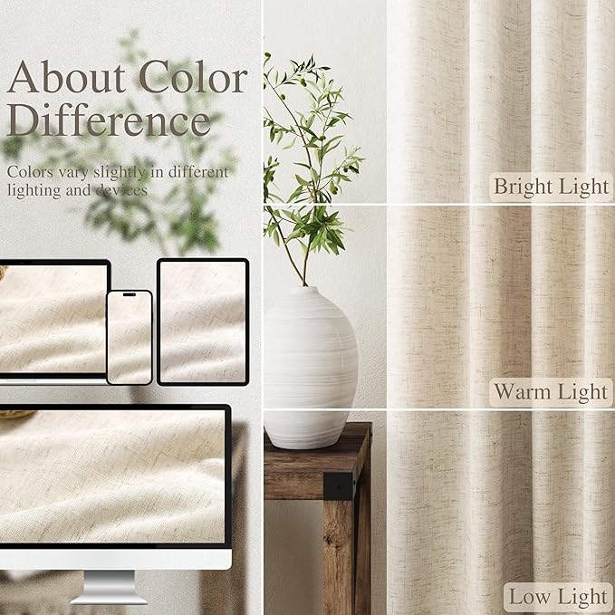 Beige Blackout Linen Curtains 92 inch Length 2 Panels for Living Room Oatmeal Pleated Black Out Drapes Farmhouse Rustic Room Darkening Total Blackout Window Curtain Panels Bedroom 92 inches Long