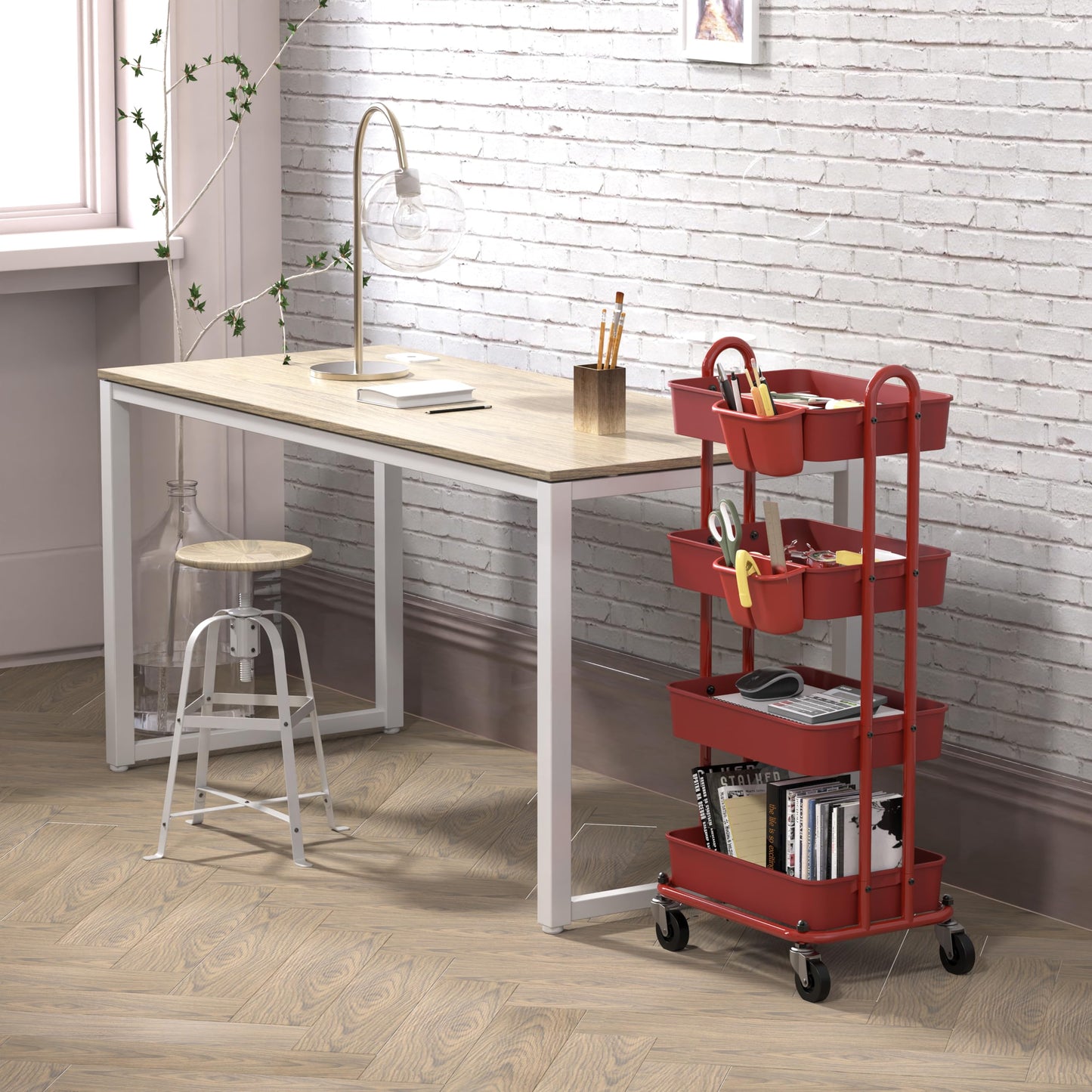 Simple Houseware 4-Tier Multifunctional Rolling Utility Cart with Hanging Buckets, Red