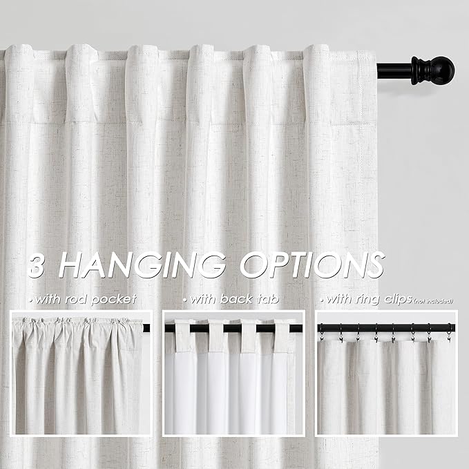 Linen Blackout 120 Inch Curtains for Living Room 2 Panels Set Cream Ivory Back Tab Textured Linen Drapes Farmhouse Thermal Insulated Long Curtains 120 Inches Long High Ceiling to Floor 10 Ft