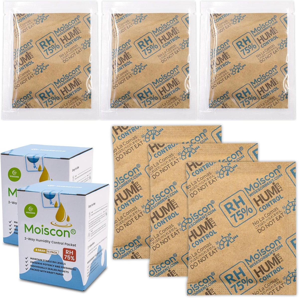 30 Pack 75% RH Size 8 Two-Way Humidity Control Packs for Storing Up to 5 Items, 8 Gram Moisture Control Packets Individually Wrapped for Small Non-Plastic Travel Cases