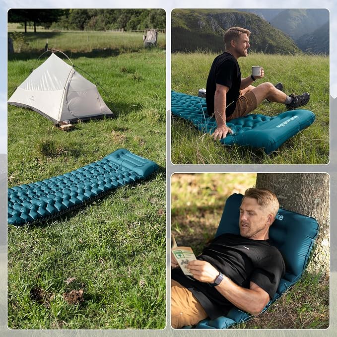 Naturehike Camping Sleeping Pad, Ultralight Inflatable Sleeping Mat with Pillow &Air Pump Sack, 3.74 Inch Lightweight Air Mattress for Camping, Backpacking, Hiking, Traveling