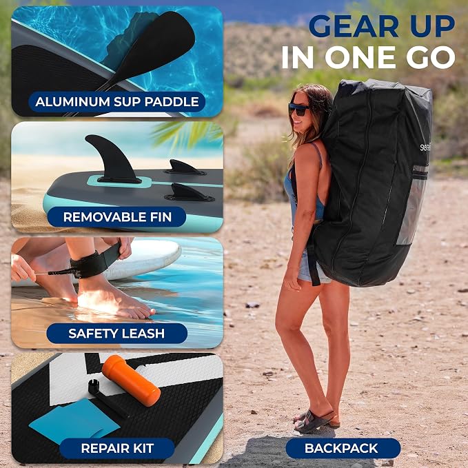 SereneLife 10’6" Inflatable Stand Up Paddle Board with Premium SUP Accessories - Wide Stable Design with Non-Slip EVA Deck Pad, for Youth and Adults, 350 lbs. Capacity