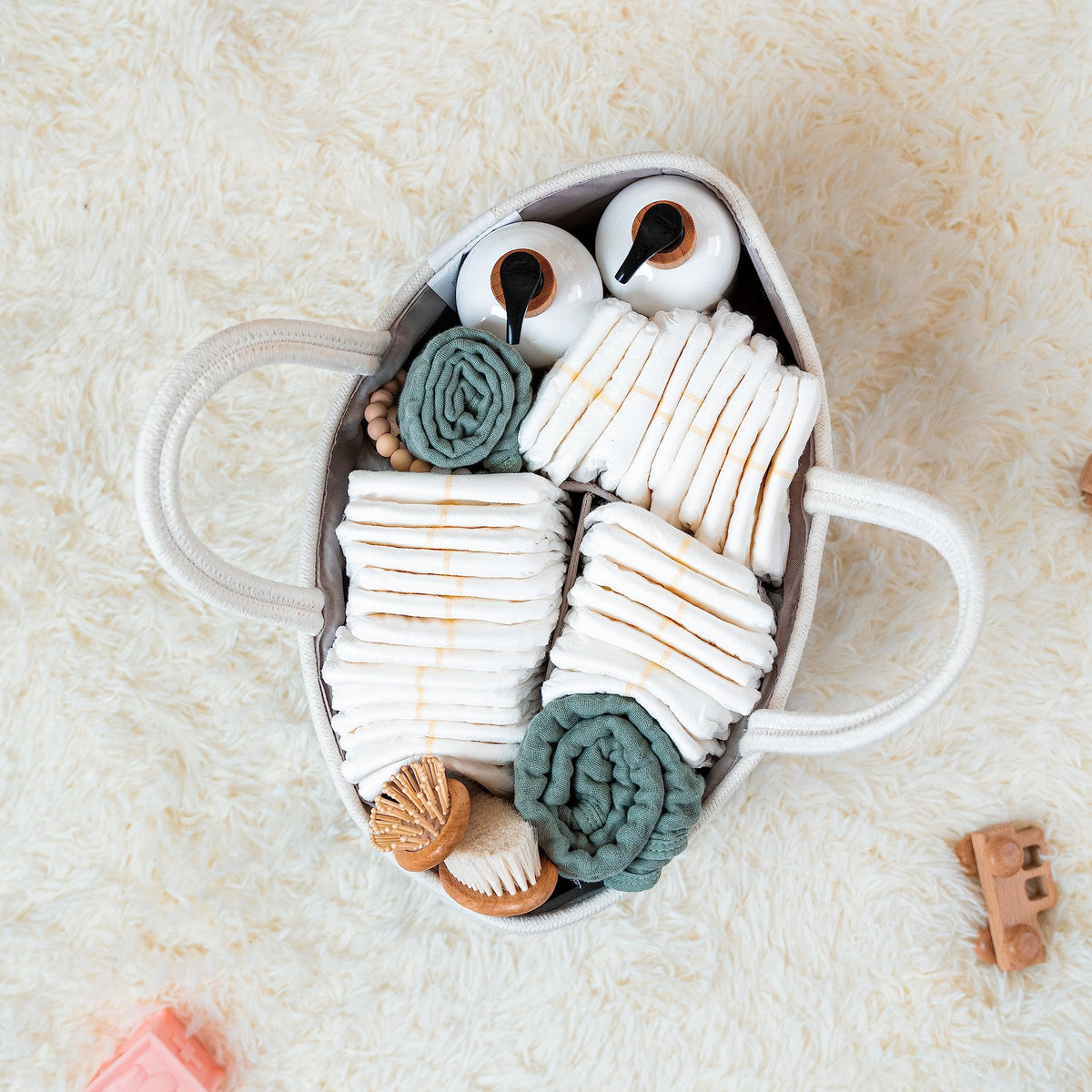 Comfy Cubs Rope Diaper Caddy Organizer 8.5" x 15" x 8" - Large Baby Diaper Basket with 3 Spacious Compartments - Stylish Cotton Baby Caddy Organizer for Diapers, Wipes & Essentials - Sage