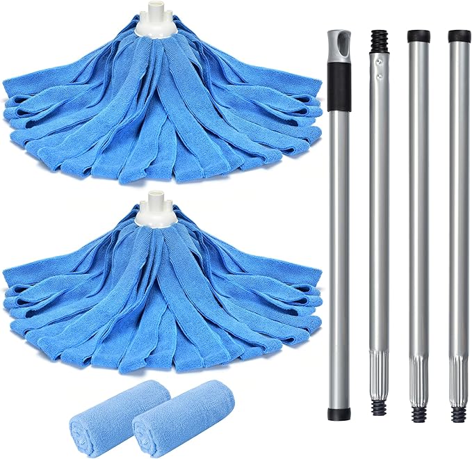 Matthew Microfiber Cloth Mop Compatible with Ceda Microfiber Cloth Mop Refill Commercial Mop Replacement 54" Stainless Steel Handle with 2 Wet Mop Heads w/1 Handle Incl.2Pcs Microfiber Cloth-Blue