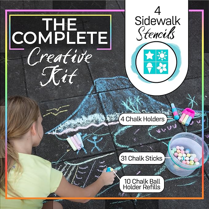 Loddie Doddie 49pc Sidewalk Chalk Bucket – Outdoor Activity Play Set for Kids, 31 Assorted Chalk Sticks, 4 Holders, 10 Ball Refills, 4 Stencils, Outdoor Water Play, Washable, Reusable Bucket
