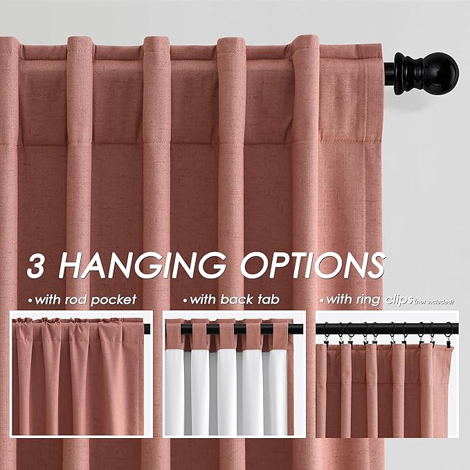 Linen Curtains 96 Inch Length 2 Panels Canyon Rose Boho Farmhouse Loop Pocket Rod Pocket Sound Proof Drapes Light Blocking Darkening Living Room Curtains for Bedroom and Dining Room 52X96