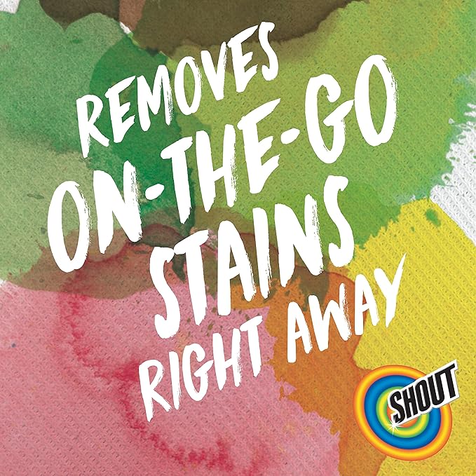 Shout Wipes Stain Remover for Clothes Laundry, Instant Stain Remover and Individually Wrapped, Travel Essentials, Works on Everyday Stains, 12 Wipes per Carton (6 Cartons)