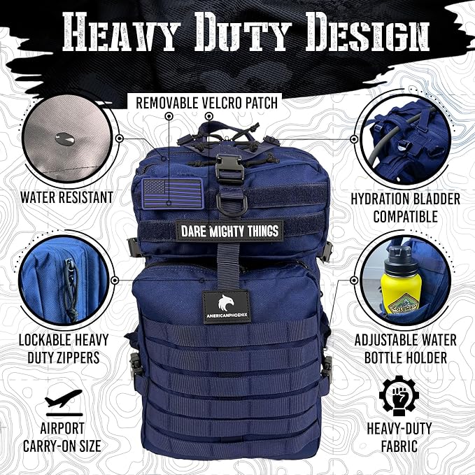 AMERICANPHOENIX 45L Elite Tactical Backpack | 3X Stronger Work & Military Backpack | Water Resistant and Heavy Duty | 3 Day MOLLE Bug Out Bag (Atlantic Blue)