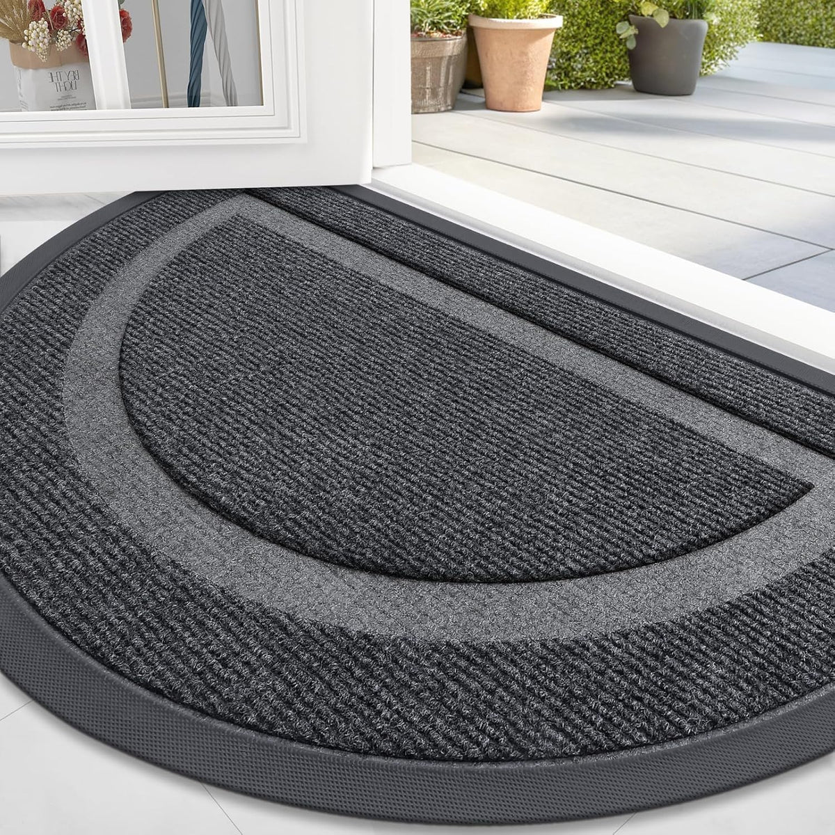 OLANLY Half Circle Door Mat Indoor Outdoor Entrance Welcome, Waterproof All-Season, All-Weather Doormat, Sturdy Natural Rubber, Low Profile, Easy Clean Patio Porch Entryway Mat, 71x47, Grey