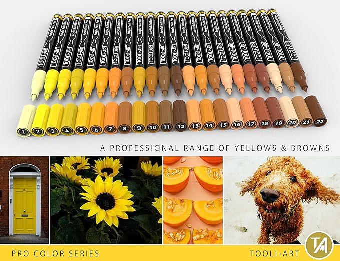 Acrylic Paint Pens 22 Yellow & Brown Tones Assorted Pro Color Series Markers Set 0.7mm Extra Fine Tip for Rock Painting, Glass, Mugs, Wood, Metal, Canvas, Projects, Non Toxic, Waterbased, Quick Drying