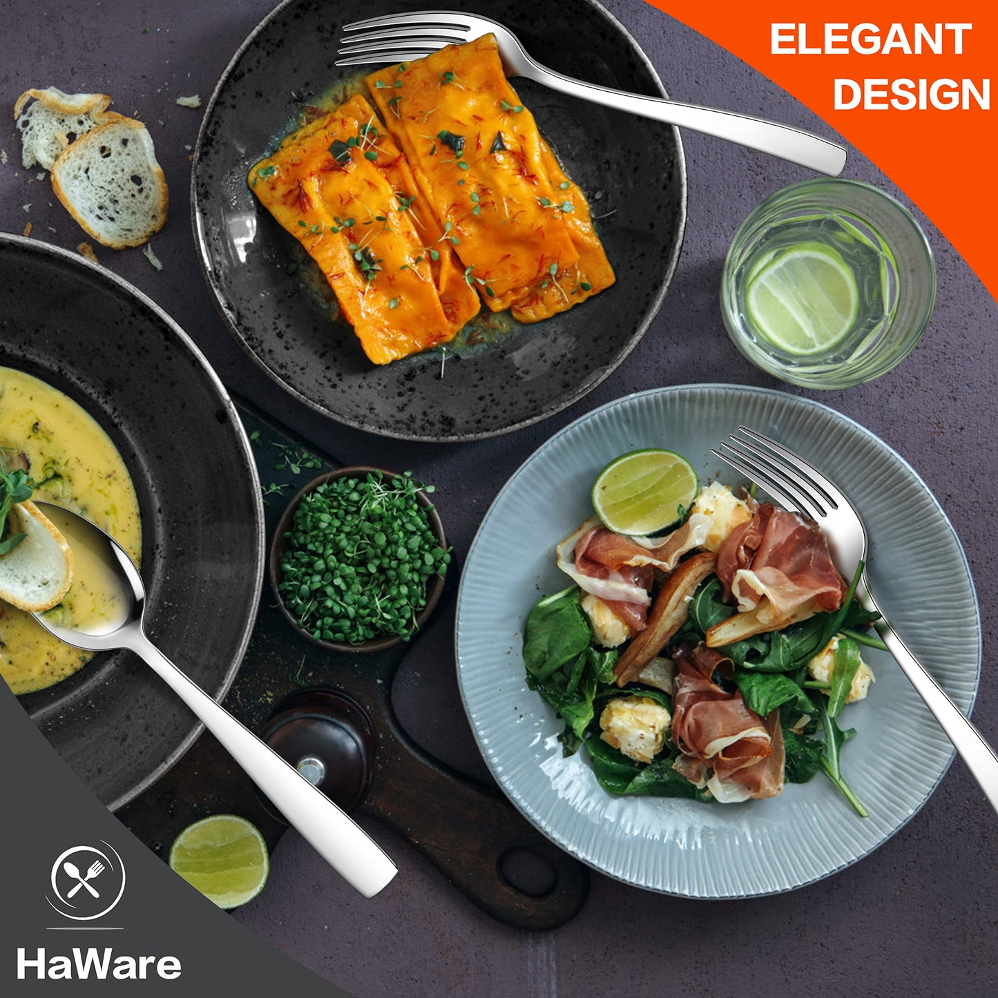 HaWare 18/10 Stainless Steel Flatware, 40-Piece Silverware Set Service for 8, Fancy Tableware Cutlery Set for Home Restaurant, Include Knife Fork Spoon, Mirror Finish Eating Utensils, Dishwasher Safe