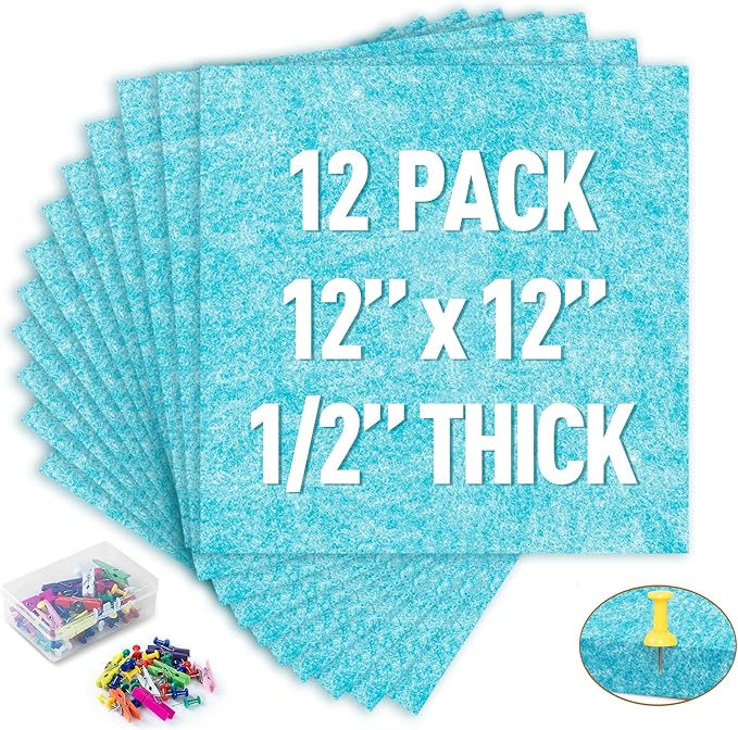 AKTOP Cork Bulletin Board 12x12, 1/2" Thick Felt Cork Board Tiles 12 Pack, Small Square Pin Board for Wall, Self Adhesive Corkboards with 120 Push Pin Wood Clips for School, Home & Office, Baby Blue