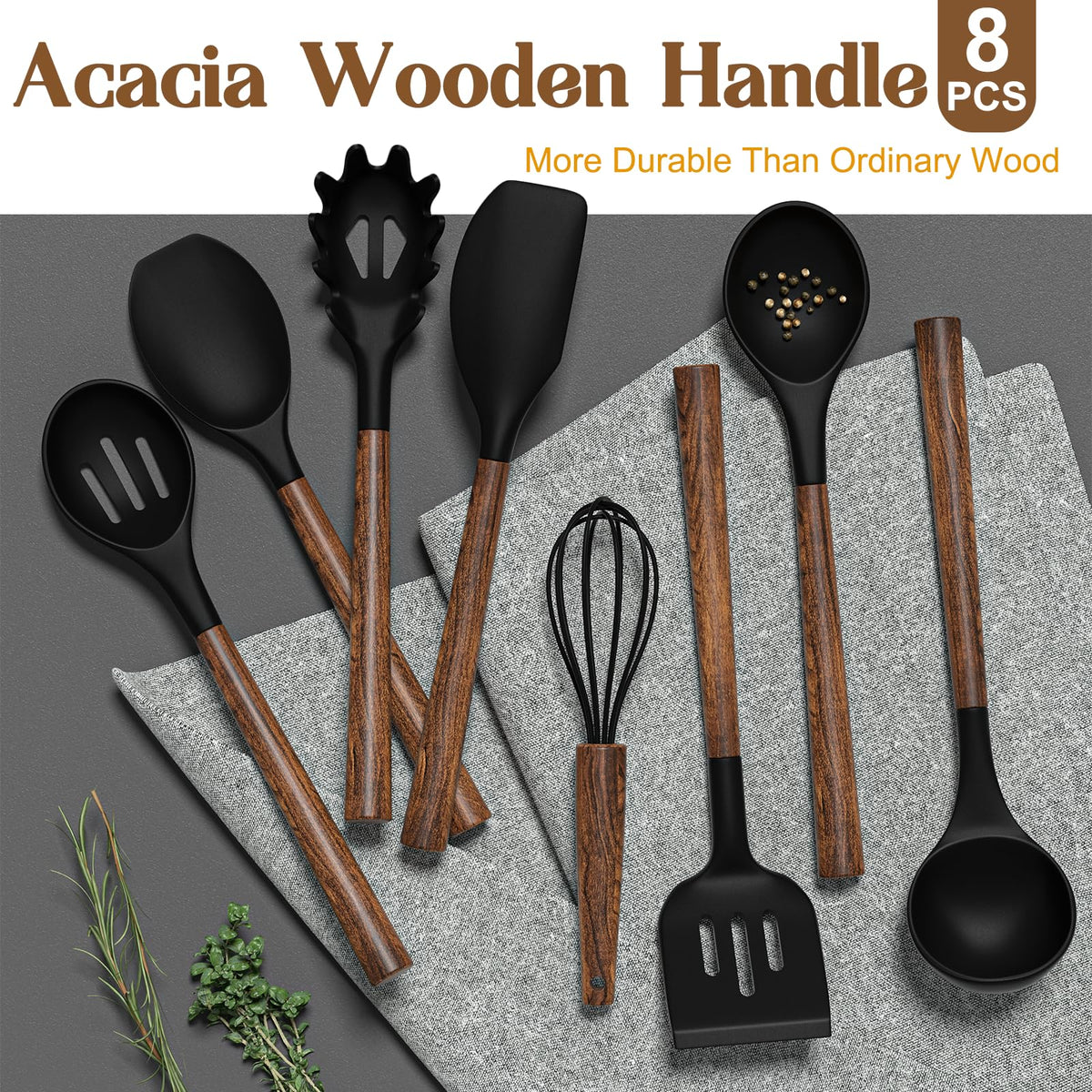 Silicone Cooking Utensil Set, Umite Chef 8-Piece Kitchen Utensils Set with Natural Acacia Wooden Handles,Food-Grade-Silicone Kitchen Gadgets Spatulas Set for Nonstick Cookware- Black