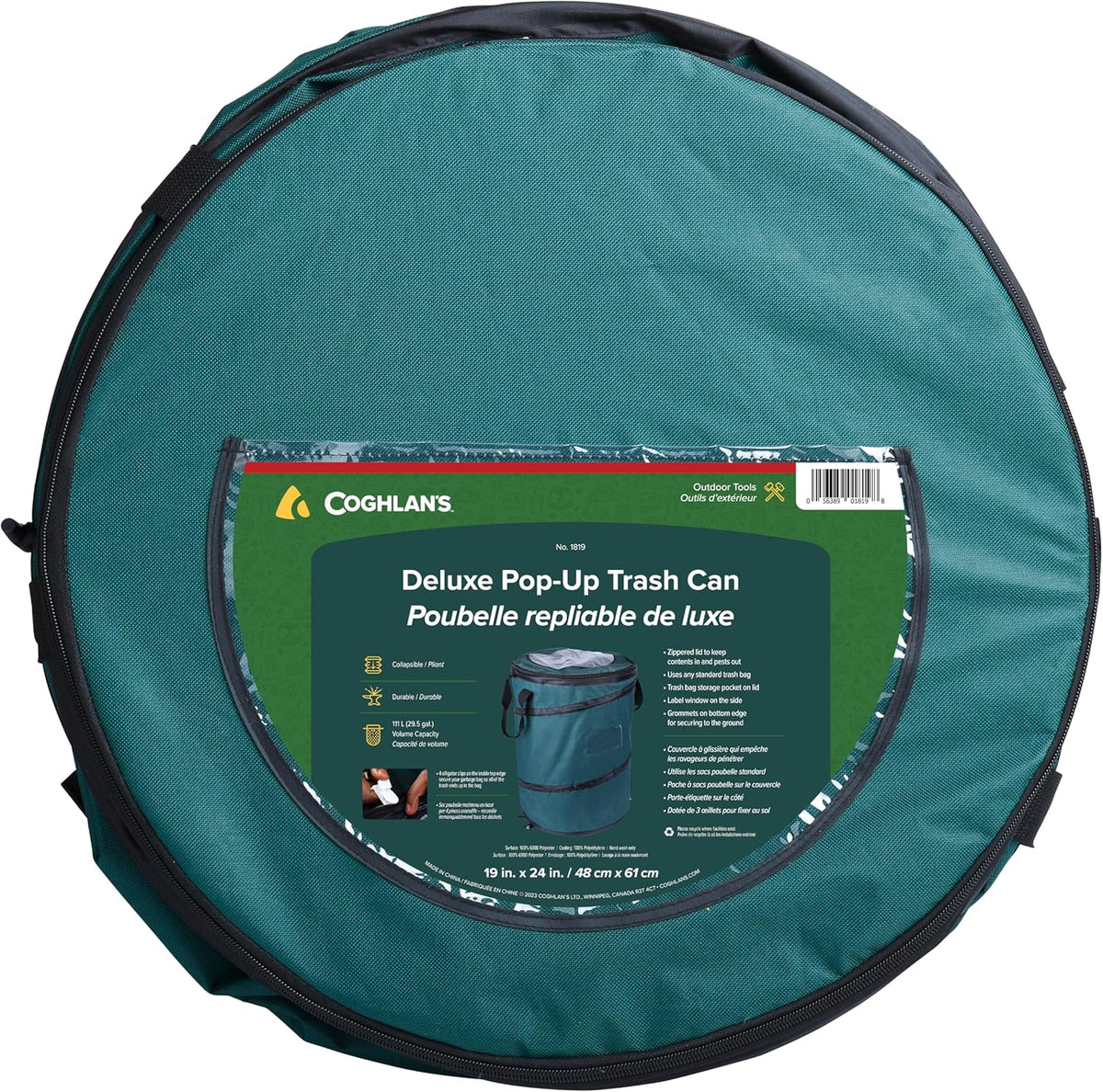 Coghlan's Deluxe Durable Pop-Up Trash Can – Collapsible Garbage Bin with Zippered Lid, Bag Clips, and Anchoring Points for Camping, Home, and Outdoor Use – 29.5 Gallon