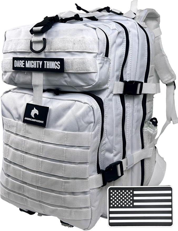 AMERICANPHOENIX 45L Elite Tactical Backpack | 3X Stronger Work & Military Backpack | Water Resistant and Heavy Duty | 3 Day MOLLE Bug Out Bag (Polar White)