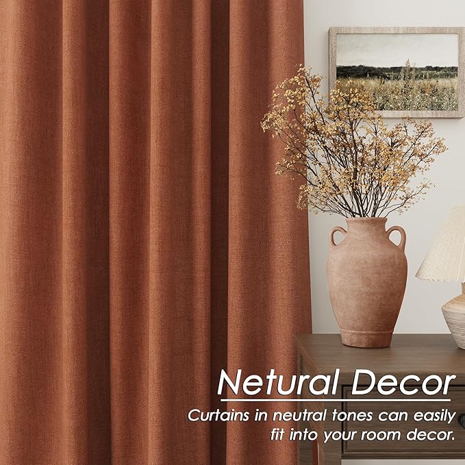 Nanspring Terracotta Linen 100% Blackout Curtains 63 inches Long Back Tab Rod Pocket Drapes Thermal Insulated Textured Short Black Out Curtains 2 Panels Set 52x63