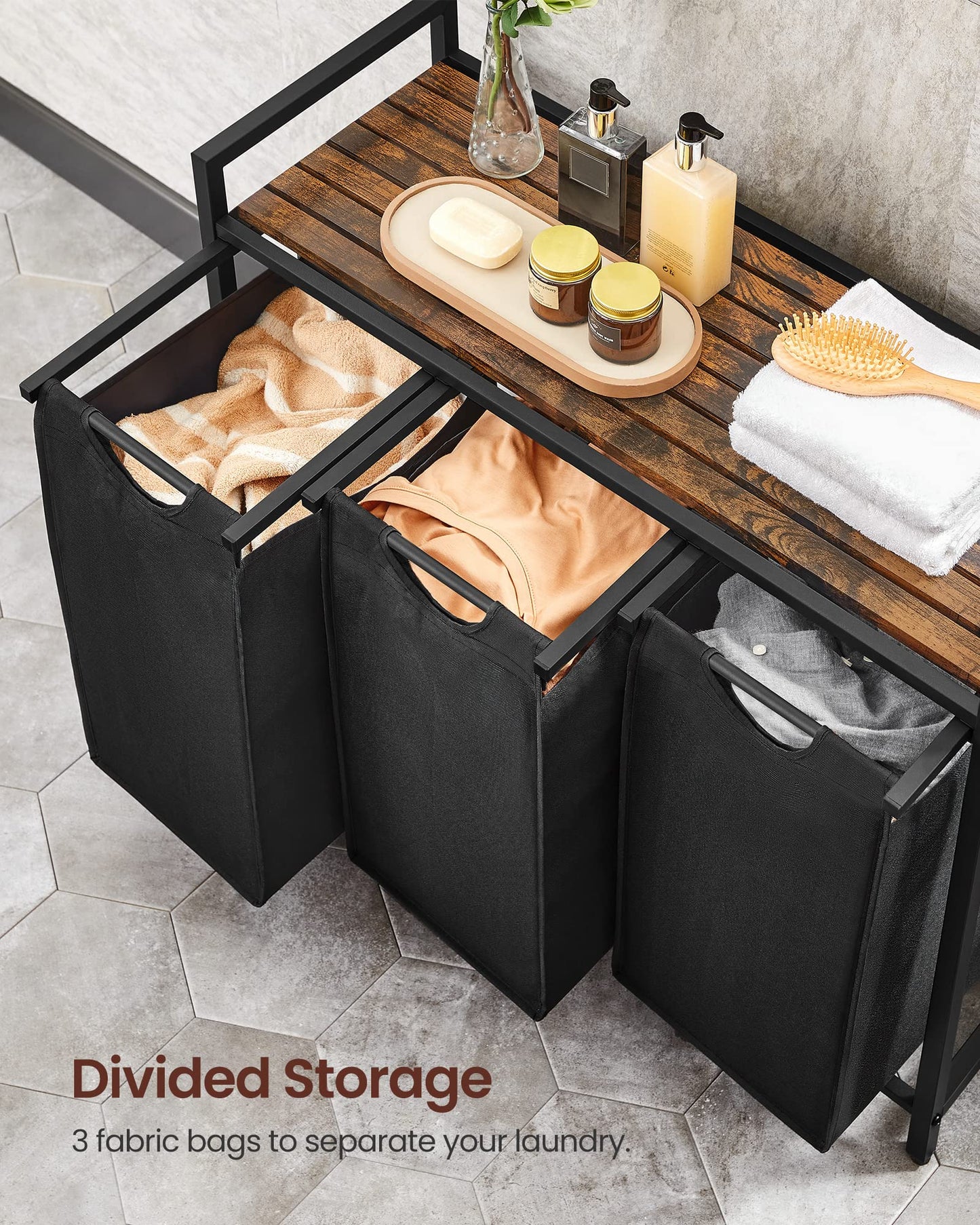 VASAGLE Laundry Hamper, Laundry Basket, Laundry Sorter with 3 Pull-Out and Removable Bags, Shelf, Metal Frame, 3 x 10.6 Gallons (40 L), 36.4 x 13 x 28.4 Inches, Ink Black and Rustic Brown UBLH301B01