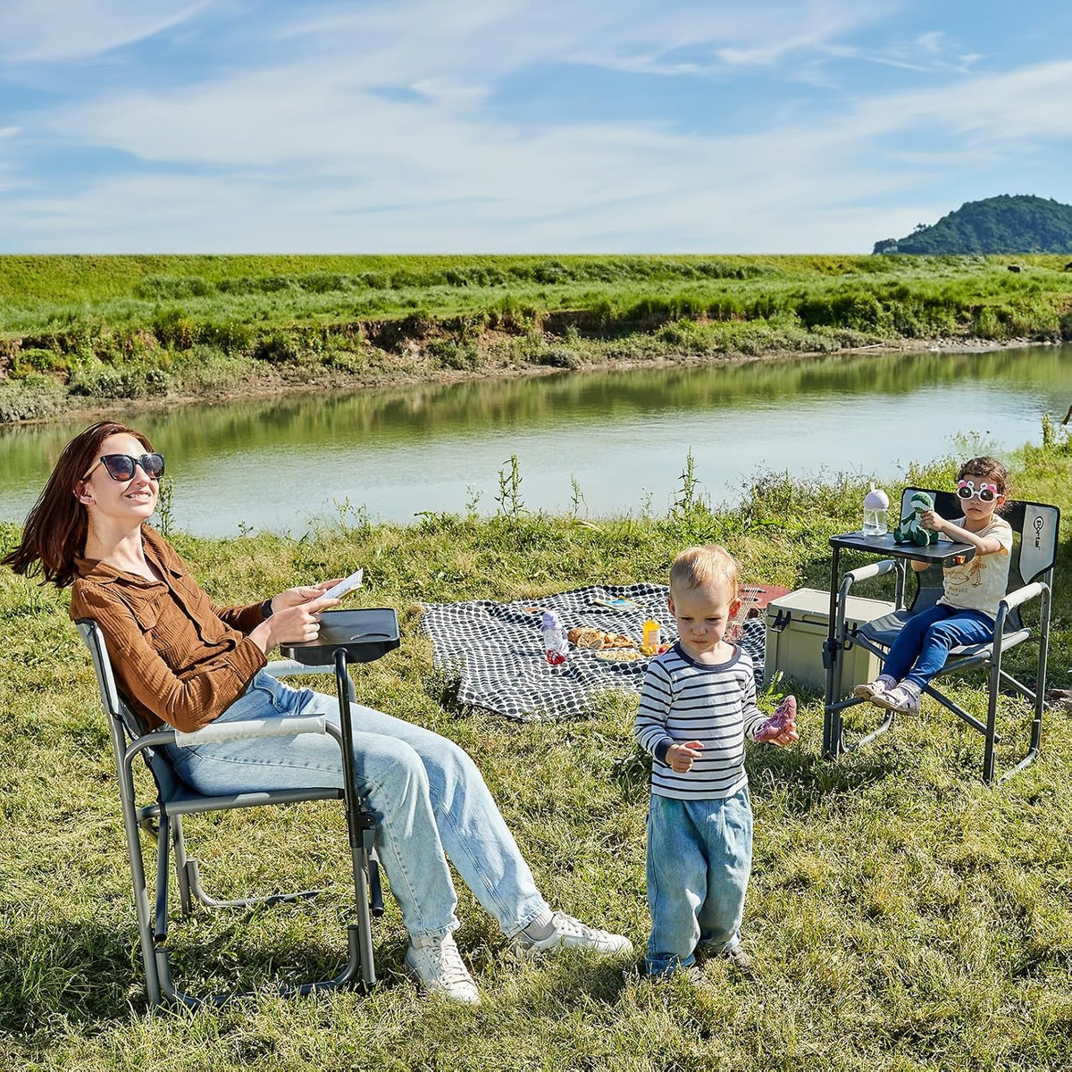 PORTAL Tablet Table Camping Directors Chair, Foldable Camp Chair with 2-Way Rotatable Side Table, Outdoor Folding Chairs for Adults, Heavy Duty Supports 300LBS for Lawn Patio Beach, Grey