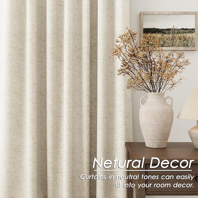 Beige Blackout Linen Curtains 92 inch Length 2 Panels for Living Room Oatmeal Pleated Black Out Drapes Farmhouse Rustic Room Darkening Total Blackout Window Curtain Panels Bedroom 92 inches Long