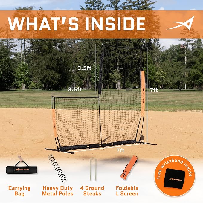 Aceletiqs Flexible L Screen Baseball Pitching Net 7x7ft Pitching Screen Protector with Metal Base, Fiberglass Poles, and Polyester Netting [Carry Bag Included]