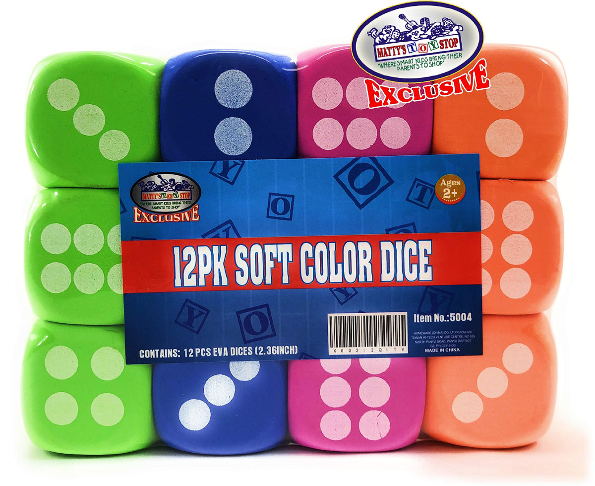 Deluxe Large 2.25" EVA Foam Dice (Pack of 12) with Bonus Matty's Toy Stop Storage Bag