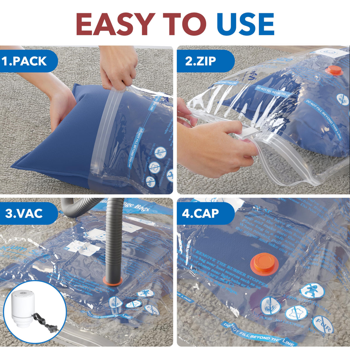 Vacuum Storage Bags with Electric Air Pump 16 Combo (4 Jumbo/4 Large/4 Medium/4 Small), Plastic Packaging Bags,Travel Vacuum Bags For Luggage,Clothes, Pillows, Comforters, Blankets, Bedding