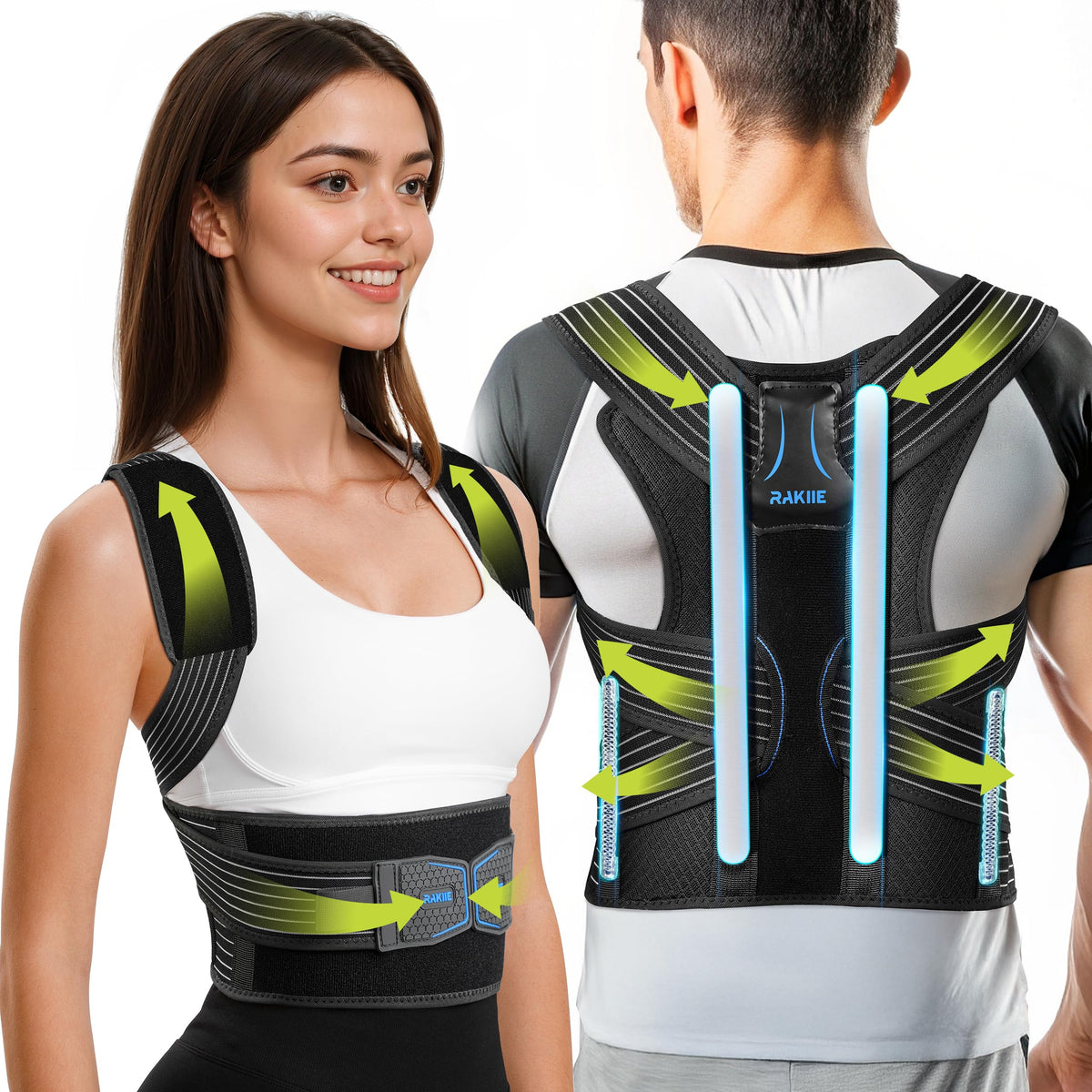 Rakiie Posture Corrector for Women and Men, Upgraded Back Brace with Enhanced Support, Shoulder Straightener with Cushioned Shoulder Pads & Underarm Pain Relief Strap, Size M (Upper Waist: 35.4"-41.3")