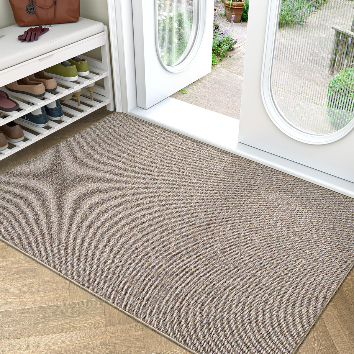 LUMI Ultra Thin Door Mat for Entryway, Low Profile Non Slip Rubber Backing Indoor Doormat, Easy Clean Welcome Entrance Mat for Inside House, Patio,Beige 32"x48"